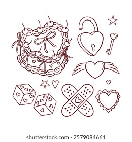 Coquette valentine hand-drawn line elements. Isolated dark red trendy doodles on white background. Heart shaped cake, lock, key, dice. Happy Valentine's day