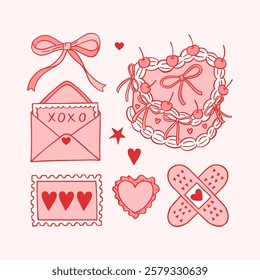 Coquette valentine pink vector elements. Vintage hand drawn illustration of trendy heart shaped cake, love letter, envelope, bow, stamp, patch. Decoration for romantic kawaii designs