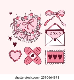 Coquette valentine pink vector elements. Kawaii hand drawn illustration of trendy heart shaped cake, love letter, envelope, bow, stamp, patch