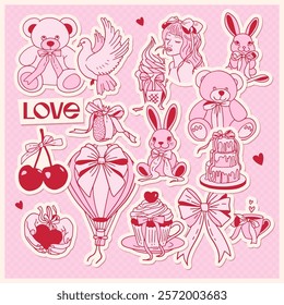 Coquette valentine s day clipart. Cute y2k romantic girly aesthetic stickers set. Vintage elements with crafts Bows, pink ribbon. Contour linear hand drawn vector illustration.