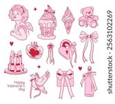 Coquette Valentine s day elements set decorated with coquette bows, ribbons. Angel, icecream, teddy, cake, wine bottle and dove Elegant vintage cupid with bow. Hand drawn line art vector illustrations