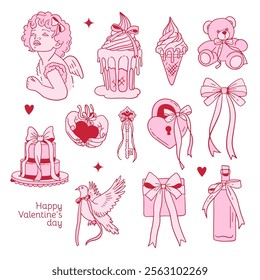 Coquette Valentine s day elements set decorated with coquette bows, ribbons. Angel, icecream, teddy, cake, wine bottle and dove Elegant vintage cupid with bow. Hand drawn line art vector illustrations