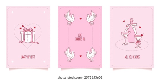 Coquette Valentine s day greeting cards set decorated with coquette bows, ribbons. Gift box, doves and wine with satin bows and funny quotes. Hand drawn line art vector illustrations