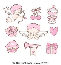 Coquette Valentine s day set decorated with vintage cupid and coquette doodle valentine elements. Hand drawn line art vector illustrations