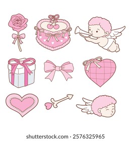 Coquette Valentine s day set decorated with vintage cupid and coquette doodle valentine elements. Hand drawn line art vector illustrations