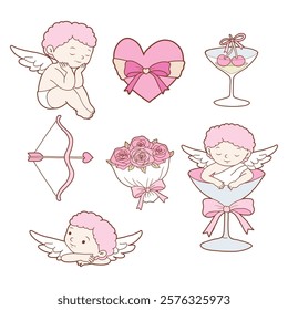 Coquette Valentine s day set decorated with vintage cupid and coquette doodle valentine elements. Hand drawn line art vector illustrations