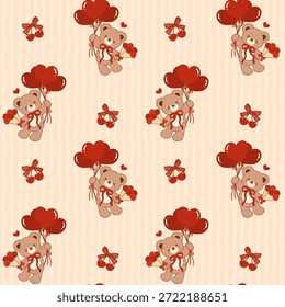 Coquette Valentine padrão sem costura Urso de pelúcia romântico com balões de coração Listrado vintage retro Shabby Chic Preppy Printable Background