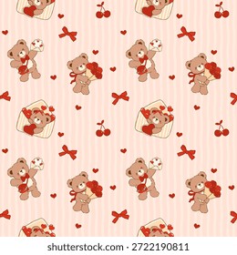 Coquette Valentine patrón sin fisuras Romántico Oso de peluche con entrega de amor A rayas Antiguas Retro Shabby Chic Preppy Fondo imprimible