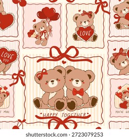 Coquette Valentine Teddy Bär Rahmen nahtloses Muster Romantische Vintage Retro Shabby Chic Preppy druckbare Hintergrund