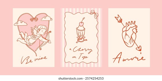 Coquette Valentine's day card set. Vector illustration of whimsical vintage romantic posters. Love line art whimsy trendy baroque doodles. Invitations, stationery, printables, social media templates