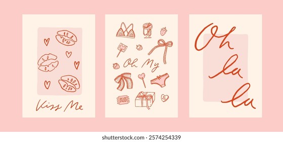 Coquette Valentine's day card set. Vector illustration of whimsical vintage romantic posters. Love line art whimsy trendy baroque doodles. Invitations, stationery, printables, social media templates