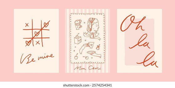 Coquette Valentine's day card set. Vector illustration of whimsical vintage romantic posters. Love line art whimsy trendy baroque doodles. Invitations, stationery, printables, social media templates