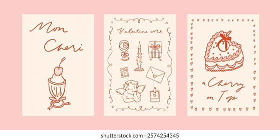 Coquette Valentine's day card set. Vector illustration of whimsical vintage romantic posters. Love line art whimsy trendy baroque doodles. Invitations, stationery, printables, social media templates