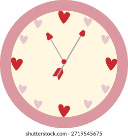 Coquette Vector del día de San Valentín. Lindo reloj redondo rosa con marcadores de corazón y las manos de flecha. Ilustración festiva plana que representa el tiempo para el amor, las fechas románticas y las cuentas atrás de las vacaciones