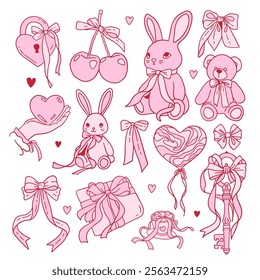 Coquette Valentines day elements set decorated with coquette bows, ribbons. Love letter, lock with key, teddy, bunny, balloon. Elegant vintage gifts with bow. Hand drawn line art vector illustrations