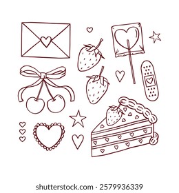 Coquette Valentine's day hand-drawn line elements. Isolated dark red trendy doodles on white background. Vintage piece of cake, love letter, envelope, lollipop, strawberries. Vector illustration