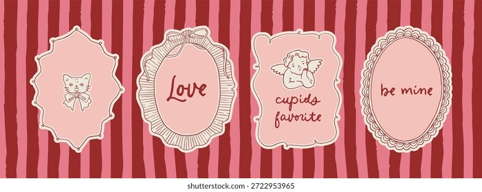 Conjunto de marcos de encaje de San Valentín Coquette. Vector caprichoso encajado de bordes románticos vintage. Amor línea arte caprichoso marco barroco de moda. Invitaciones, papelería, imprimibles, Plantillas en redes sociales
