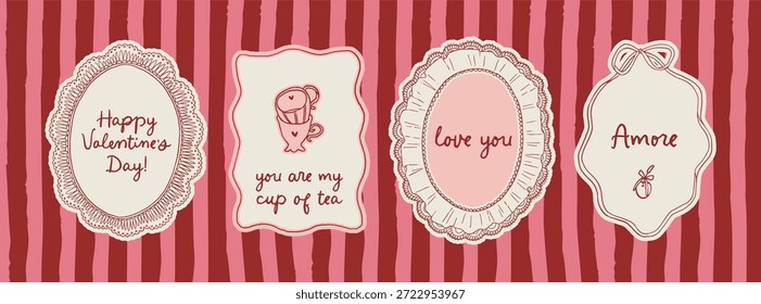 Conjunto de marcos de encaje de San Valentín Coquette. Vector caprichoso encajado de bordes románticos vintage. Amor línea arte caprichoso marco barroco de moda. Invitaciones, papelería, imprimibles, Plantillas en redes sociales