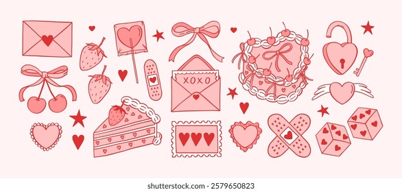 Coquette Valentines day Pink vector hand drawn stickers, icons, pictures, background, wallpaper. Love letter, lock, key, retro cakes, bow, cherry, hearts, dice. Trendy vintage line art vector set