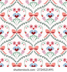 Coquette Valentine's day seamless pattern with floral motifs and bows, Victorian style wallpaper, charming delicate background 