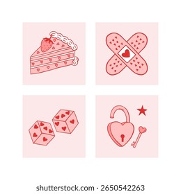 Coquette Valentines day stickers. Kawaii illustrations for 3D sticker pack. Lock, key, retro cake, dice. Trendy line art vector set