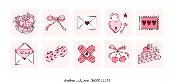 Coquette Valentine's day stickers. Love letter, lock, key, retro cakes, bow, cherry, hearts, dice. Trendy  line art vector set. Kawaii illustrations for 3D sticker pack
