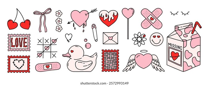 Coquette Valentine's day Y2k elements. Hand drawn vector pink big set. Milk, cherry, bow, rubber duck, love, heart, patch, stamp, lollipop, flowers, tic-tac-toe