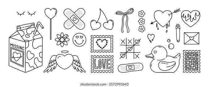 Coquette Valentine's day Y2k elements. Milk, cherry, bow, rubber duck, love, heart, patch, stamp, lollipop, flowers, tic-tac-toe. Hand drawn vector pink big set