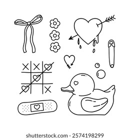 Coquette Valentine's day Y2k vector set. Rubber duck, heart, patch, bow, tic-tac-toe. Set of love coquette elements