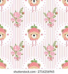 Coquette Valentines Strawberry Seamless Pattern, Oso de peluche sin costuras, Archivos sin costuras de primavera, Patrón sin costuras del corazón
