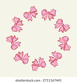 Ilustração Vetor Coquette de um quadro circular feito de arcos rosa desenhados à mão. Delicado e feminino fronteira decorativa perfeito para convites, cartões, embalagem, branding e projetos de design elegante