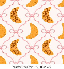Coquette vector seamless pattern with french croissant, pink bows and ribbons. Preppy background with delicious pastries for cafe, bakery, fabric, print, wrapping paper.