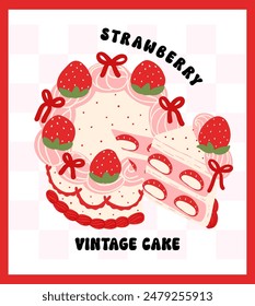 Coquette Vintage Birthday Cake Strawberries with ribbon bow Illustration Groovy Retro Design.