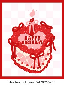 Coquette Vintage Birthday Heart Cake Strawberries with ribbon bow Illustration Groovy Retro Design.