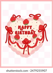 Coquette Vintage Birthday Heart shape Cake Strawberries with ribbon bow Illustration Groovy Retro Design.