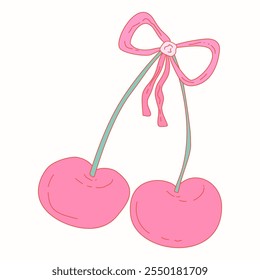 Coquette vintage bow with cherry y2k girly style. Coquette pink bow illustration. Vector illustration romantic