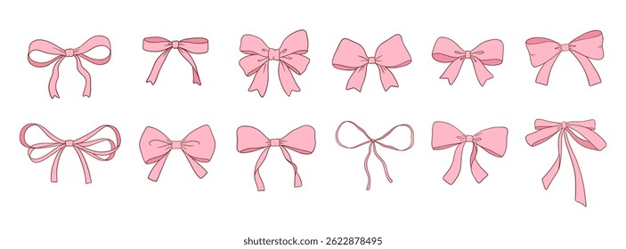 Coquette vintage bow drawings isolated on white, cute pink ribbons vector set