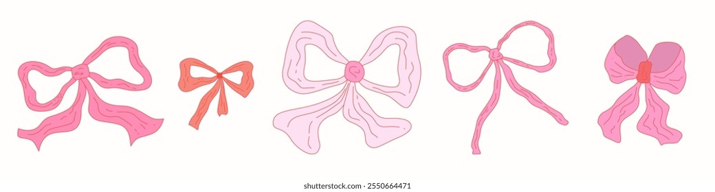 Coquette vintage bow set y2k girly style. Coquette pink bow illustration. Vector illustration romantic