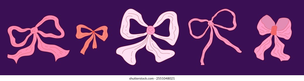 Coquette vintage bow set y2k girly style. Coquette pink bow illustration. Vector illustration romantic