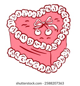 Coquette vintage cake with cherry, bows and ribbons. Hand draw cute girly vector illustration. Perfect for Valentines day, wedding invitation, birthday card.