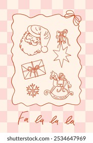 Coquette vintage Christmas card with charming holiday illustrations. Santa Claus in his hat, Christmas toy, wrapped gift box, rocking horse. Soft pink border and chess backdrop. Vector poster design