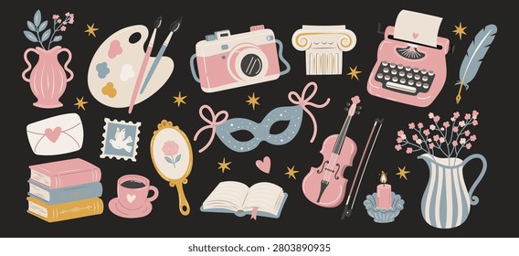 Coquette vintage creative hobby sticker set. Romantic art, literature, photography and music objects with bows, flowers, books, camera, typewriter and violin on black background.