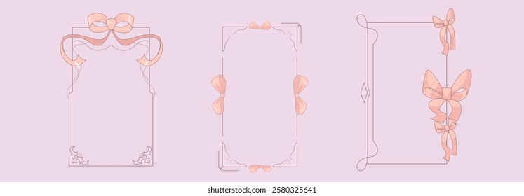 Coquette vintage frames with ribbon bows on pink background. Vector cartoon illustration of hand drawn fancy lines, elegant design elements for boho style wedding, birthday, party invitation card