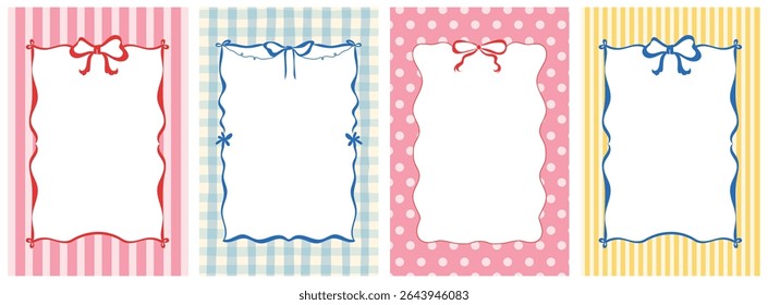 Coquette vintage hand-drawn frames with whimsical lines, bows, ribbons. summer vacation aesthetic. Colorful minimalist line borders, postage stamp . Vector template for poster, invitation, card.