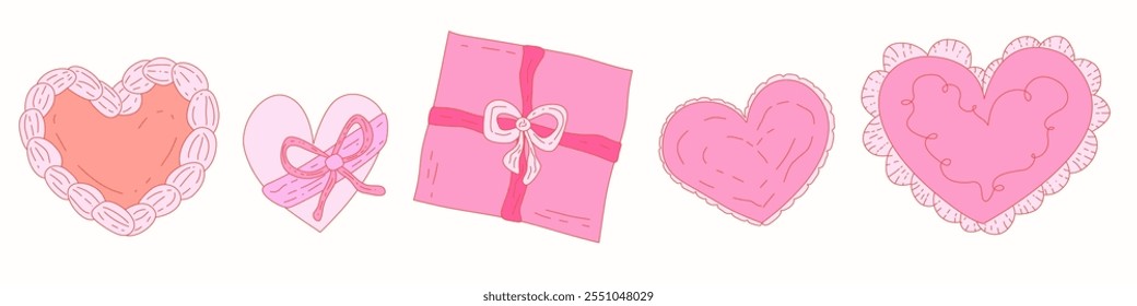 Conjunto de corazón vintage Coquette y2k estilo femenino. Ilustración de corazón rosa coqueta. Ilustración vectorial romántica