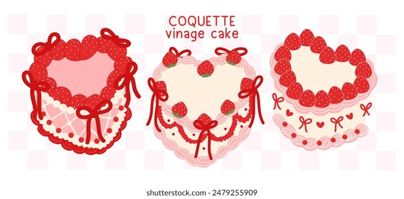 Coquette Vintage Heart shape Cake Strawberries with ribbon bow collection Illustration Groovy Retro Design banner