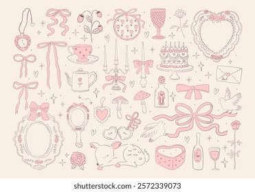 Coquette vintage illustrations of bows, ribbons, candles, mirror, cake, pigeon. Whimsical line art for wedding invitation, card, poster design. Hand drawn minimalist scribble. Vector graphic