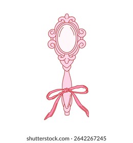 Coquette vintage pink hand mirror with bow. Aesthetic girly accessory. Vector linear illustration for card, poster, printing on t-shirt etc.