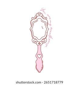 Coquette vintage pink hand mirror with bow. Aesthetic girly accessory. You are my sweetheart inscription. Vector linear illustration for card, poster, printing on t-shirt etc.