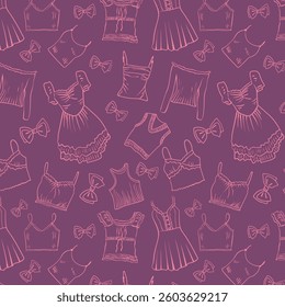 Coquette vintage seamless pattern with cute girly clothes and bows. Hand drawn background in doodle style.  Vector drawing for invitation, scrapbooking, postcard or personal secret diary.